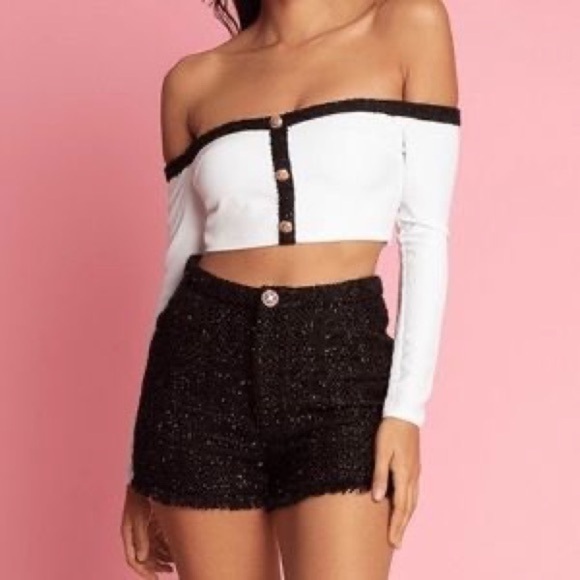NWT Amber x Meshki Claudia High Rise Sparkle Black Tweed Shorts - Picture 2 of 9